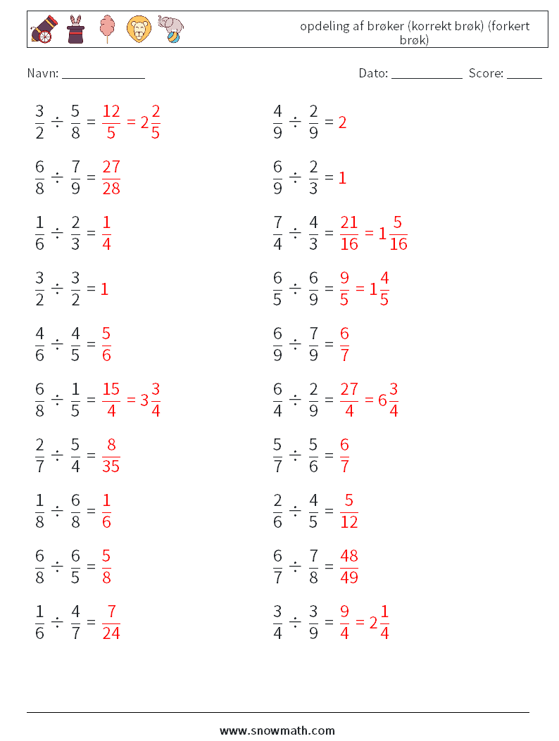 (20) opdeling af brøker (korrekt brøk) (forkert brøk) Matematiske regneark 18 Spørgsmål, svar