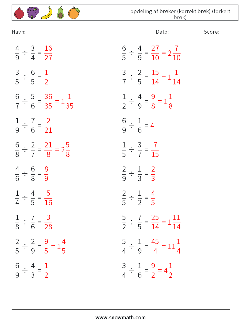 (20) opdeling af brøker (korrekt brøk) (forkert brøk) Matematiske regneark 1 Spørgsmål, svar