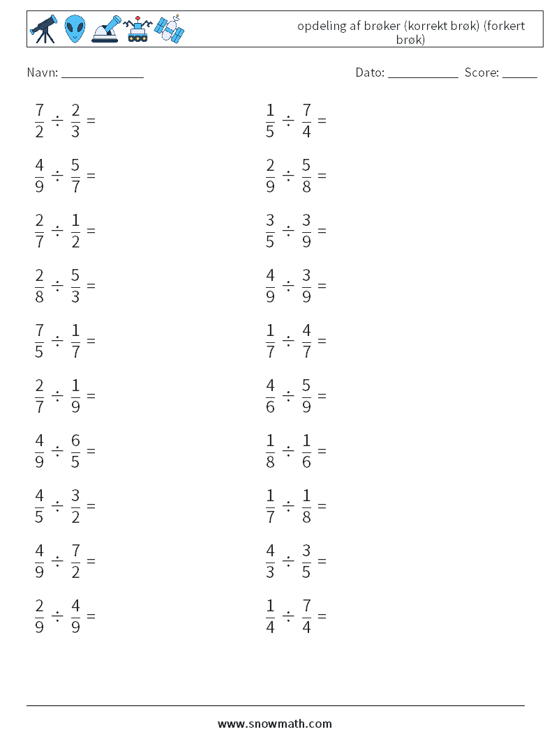 (20) opdeling af brøker (korrekt brøk) (forkert brøk) Matematiske regneark 2
