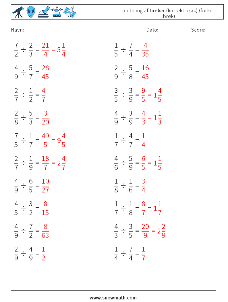 (20) opdeling af brøker (korrekt brøk) (forkert brøk) Matematiske regneark 2 Spørgsmål, svar