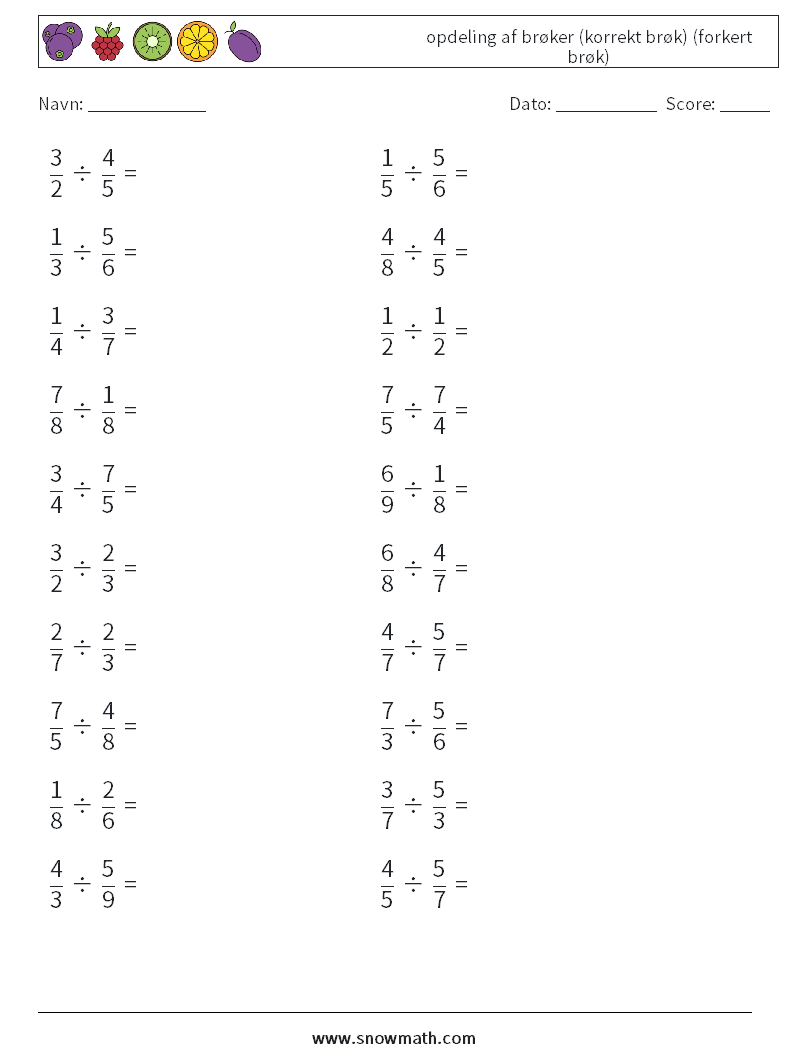 (20) opdeling af brøker (korrekt brøk) (forkert brøk) Matematiske regneark 3