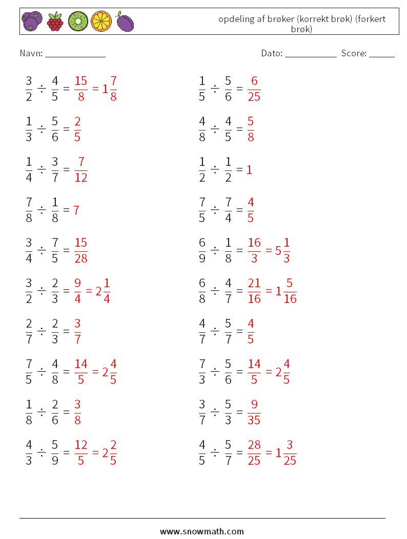 (20) opdeling af brøker (korrekt brøk) (forkert brøk) Matematiske regneark 3 Spørgsmål, svar