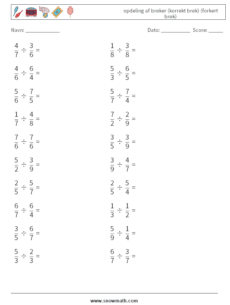 (20) opdeling af brøker (korrekt brøk) (forkert brøk) Matematiske regneark 4