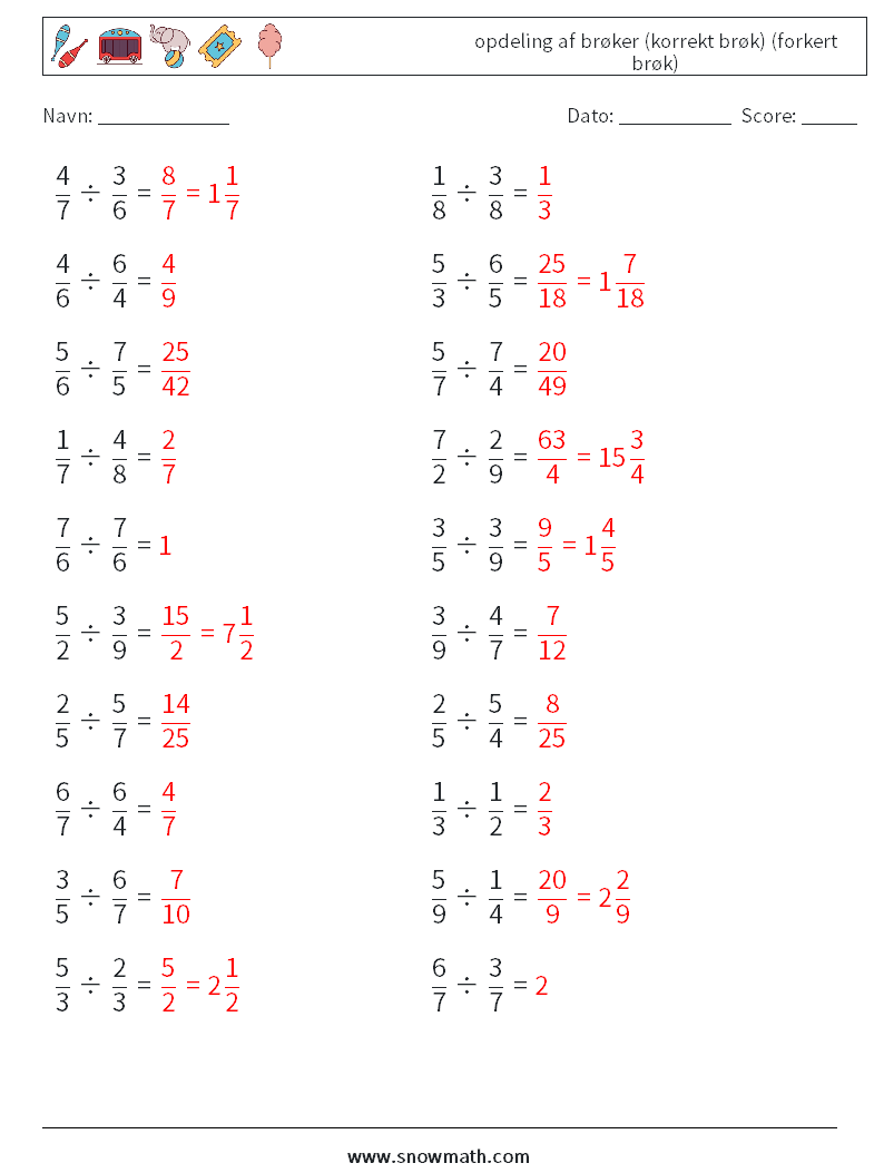 (20) opdeling af brøker (korrekt brøk) (forkert brøk) Matematiske regneark 4 Spørgsmål, svar