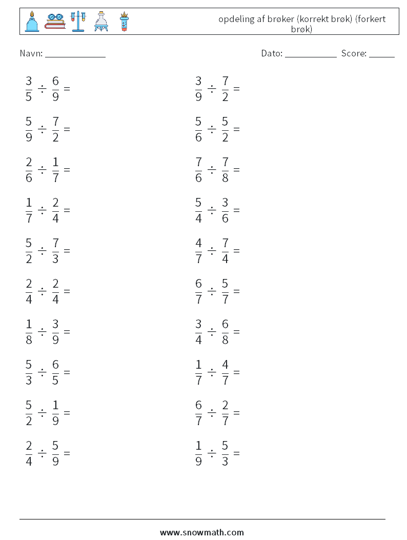 (20) opdeling af brøker (korrekt brøk) (forkert brøk) Matematiske regneark 5