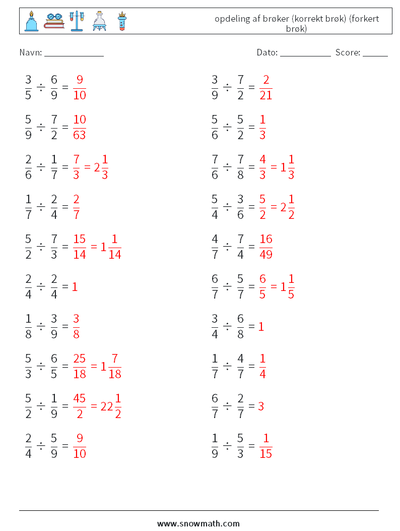 (20) opdeling af brøker (korrekt brøk) (forkert brøk) Matematiske regneark 5 Spørgsmål, svar