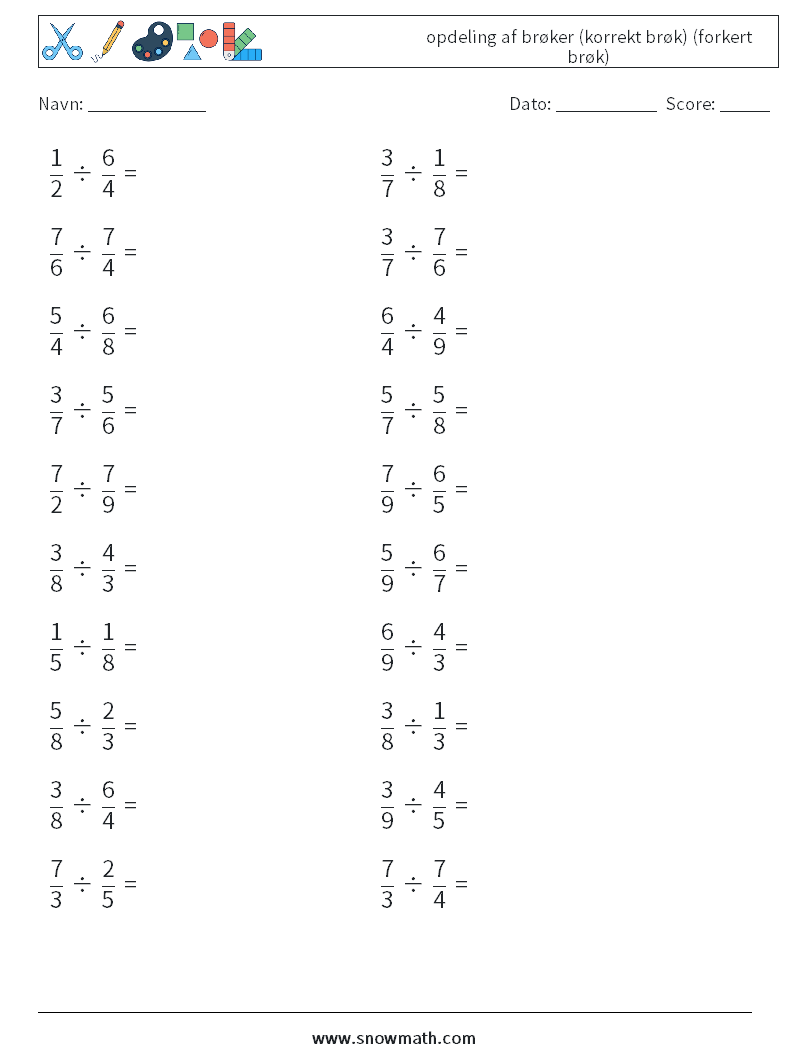 (20) opdeling af brøker (korrekt brøk) (forkert brøk) Matematiske regneark 6