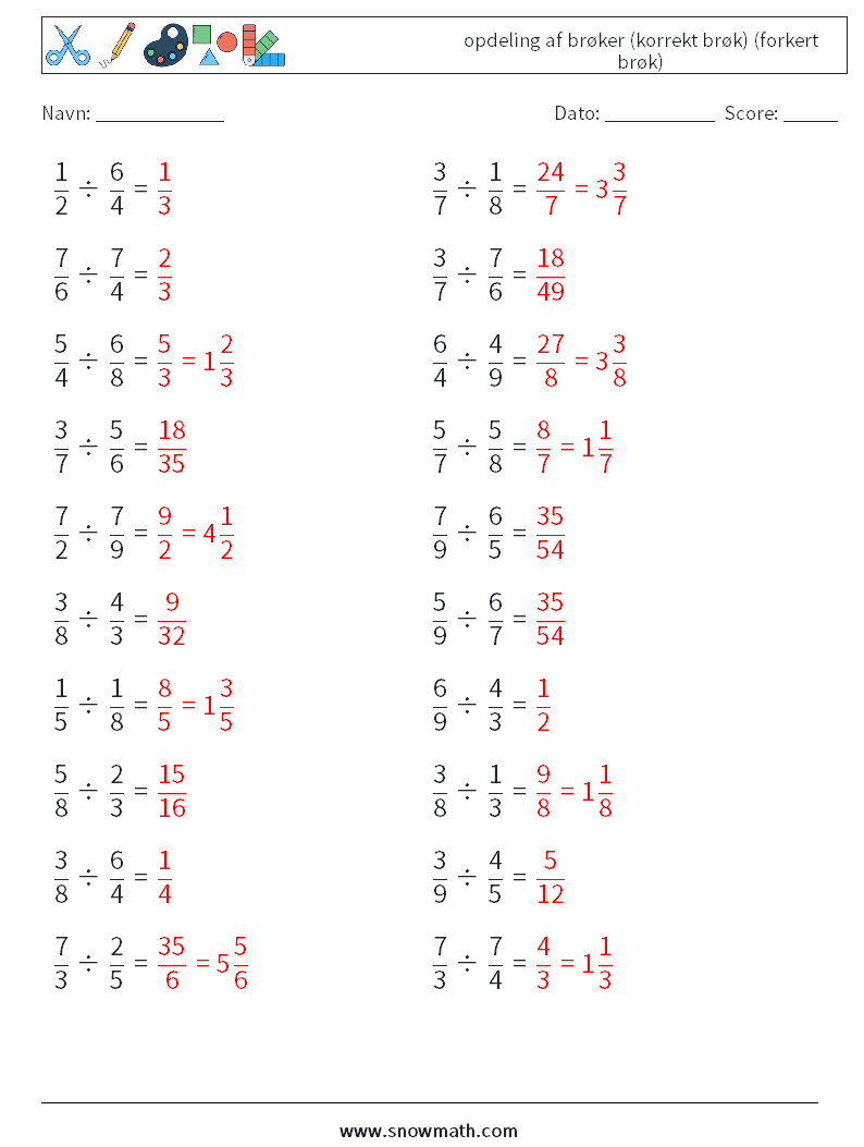 (20) opdeling af brøker (korrekt brøk) (forkert brøk) Matematiske regneark 6 Spørgsmål, svar