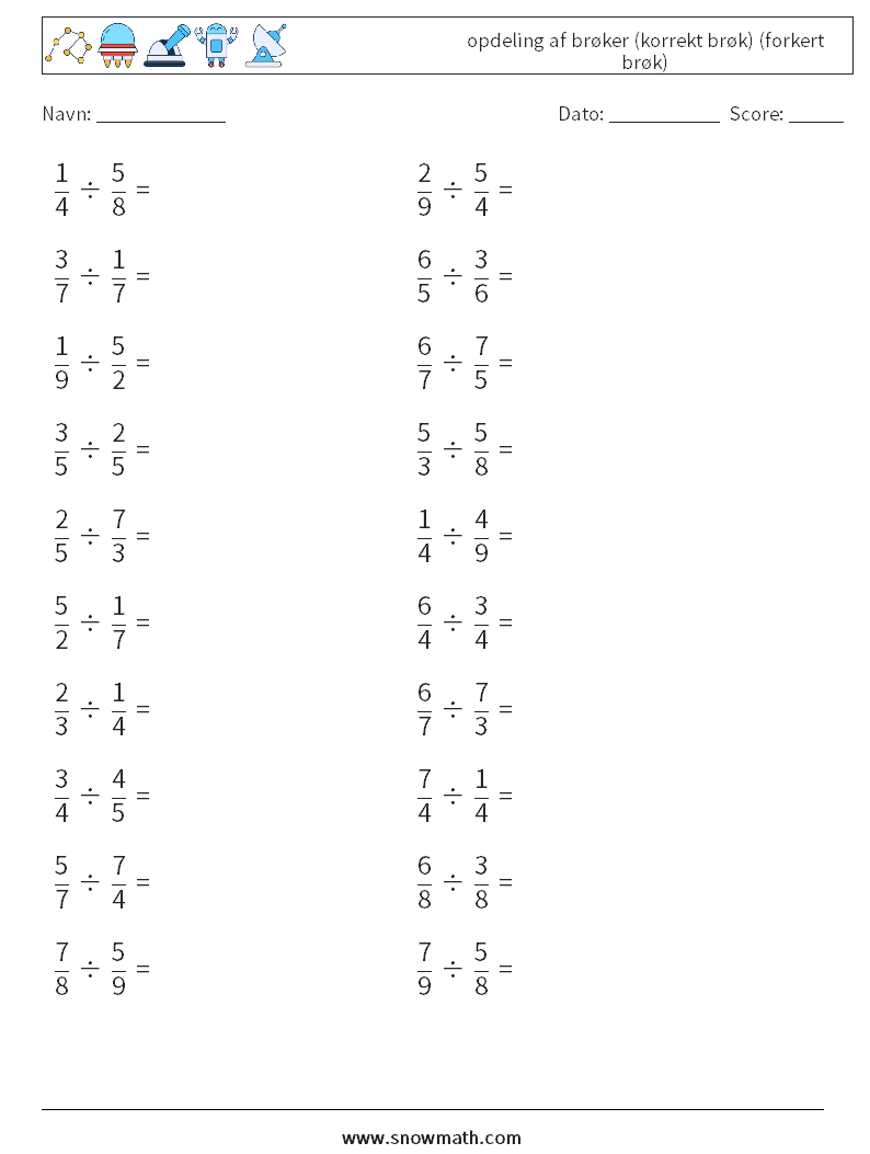 (20) opdeling af brøker (korrekt brøk) (forkert brøk) Matematiske regneark 7