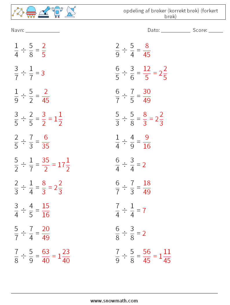 (20) opdeling af brøker (korrekt brøk) (forkert brøk) Matematiske regneark 7 Spørgsmål, svar
