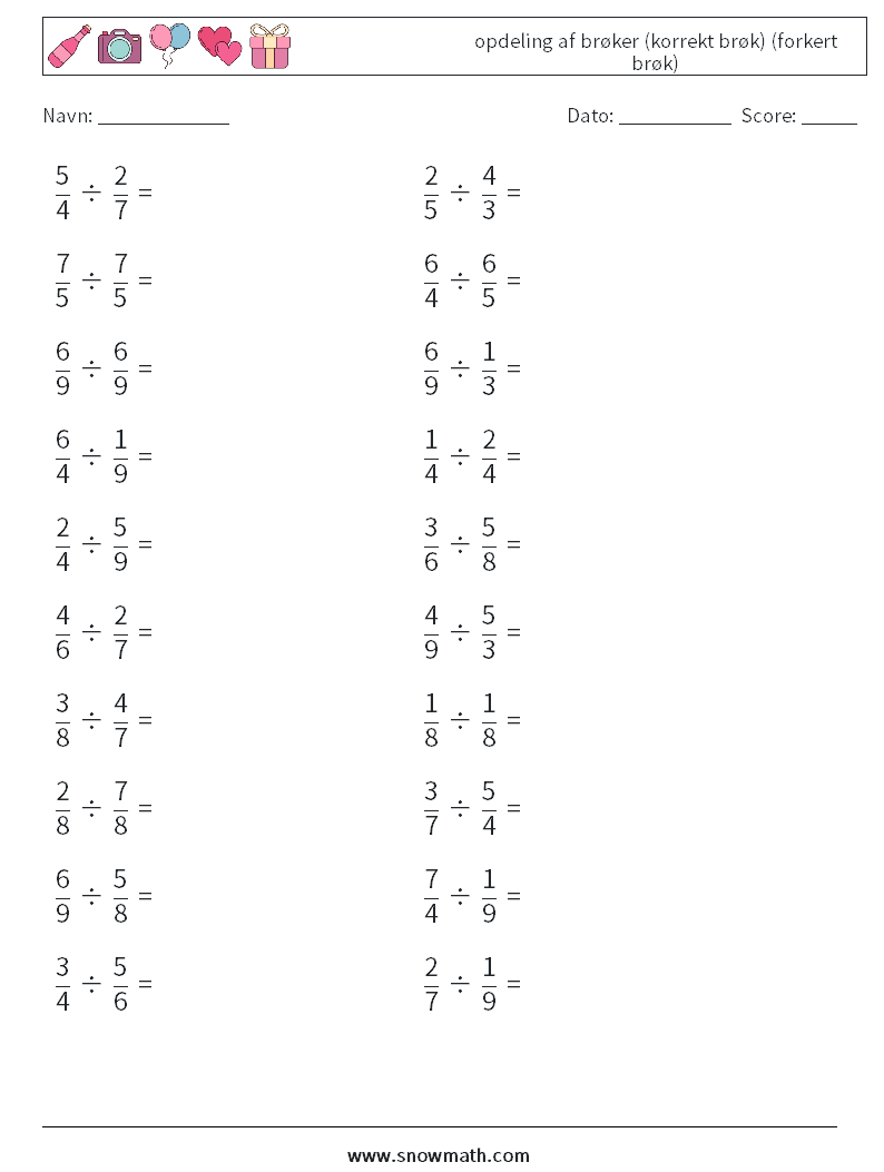 (20) opdeling af brøker (korrekt brøk) (forkert brøk) Matematiske regneark 8