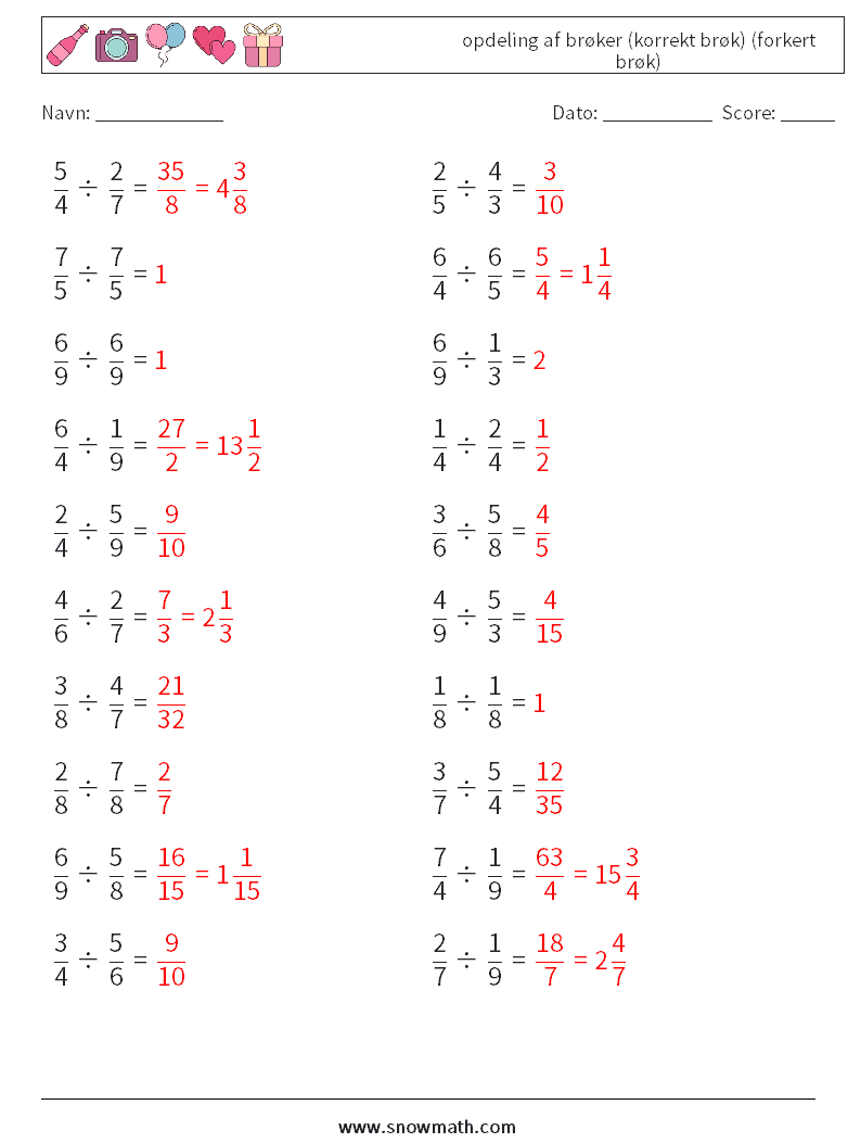 (20) opdeling af brøker (korrekt brøk) (forkert brøk) Matematiske regneark 8 Spørgsmål, svar