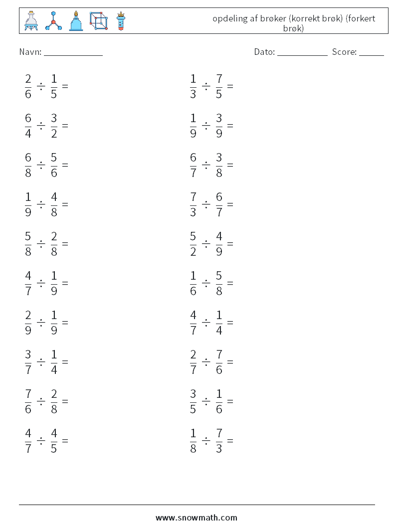 (20) opdeling af brøker (korrekt brøk) (forkert brøk) Matematiske regneark 9