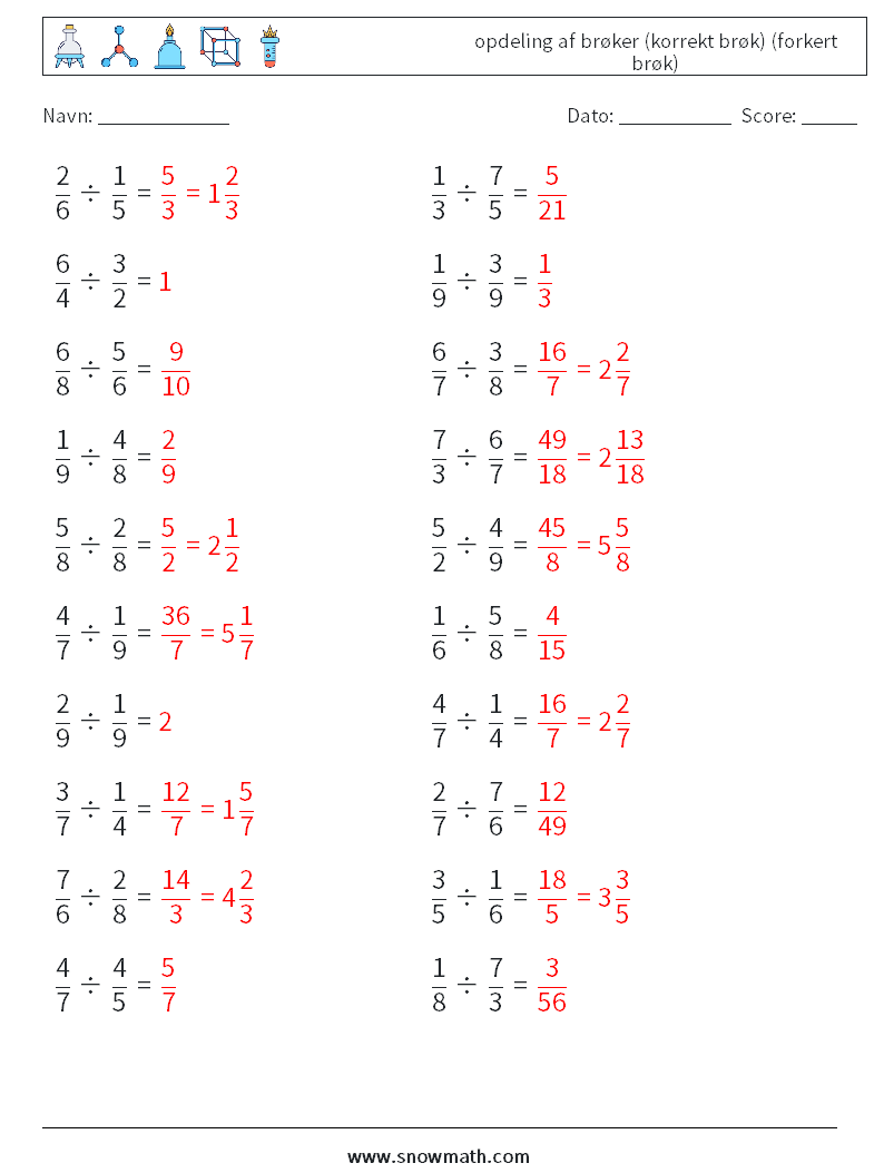 (20) opdeling af brøker (korrekt brøk) (forkert brøk) Matematiske regneark 9 Spørgsmål, svar