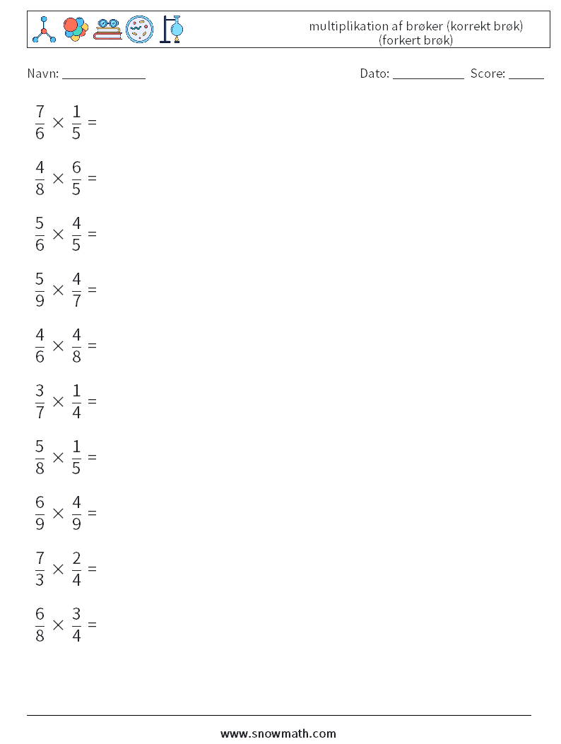 (10) multiplikation af brøker (korrekt brøk) (forkert brøk)