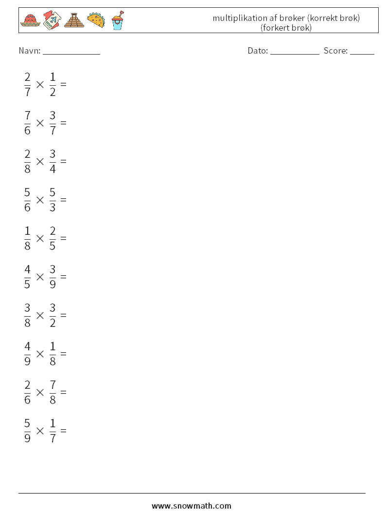 (10) multiplikation af brøker (korrekt brøk) (forkert brøk) Matematiske regneark 10