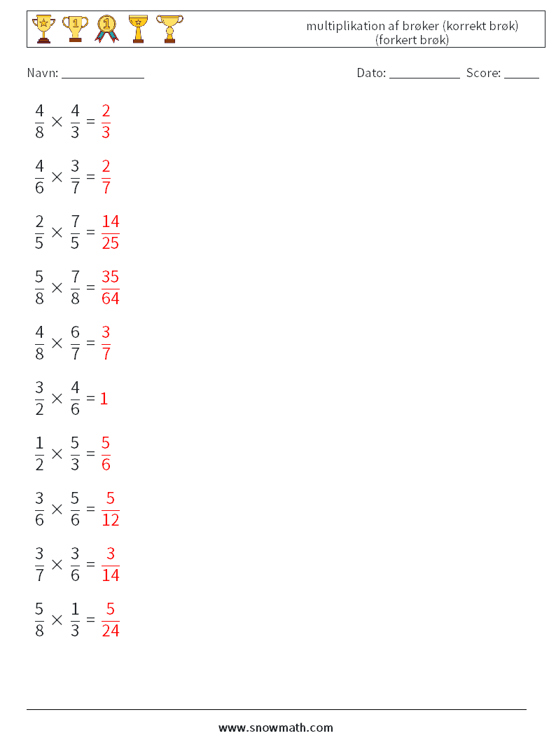 (10) multiplikation af brøker (korrekt brøk) (forkert brøk) Matematiske regneark 11 Spørgsmål, svar