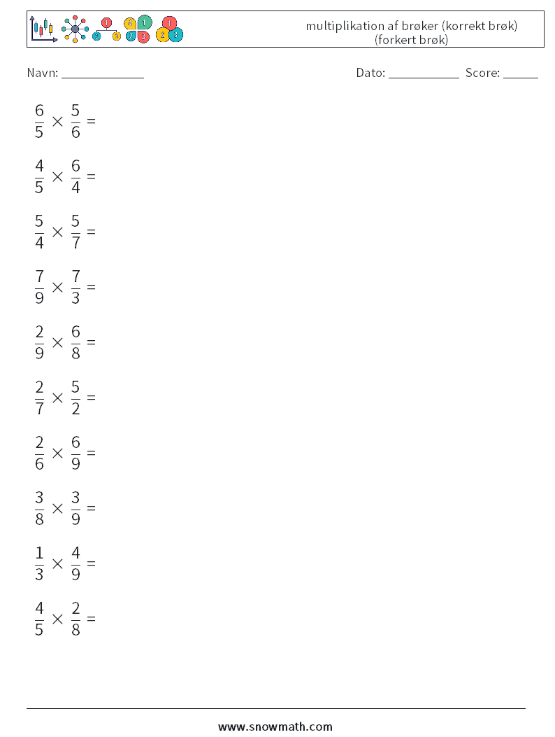 (10) multiplikation af brøker (korrekt brøk) (forkert brøk) Matematiske regneark 12