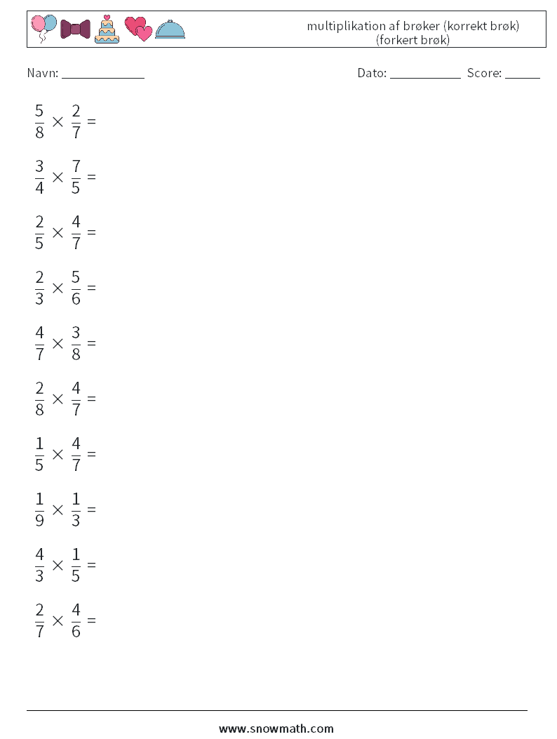 (10) multiplikation af brøker (korrekt brøk) (forkert brøk) Matematiske regneark 13