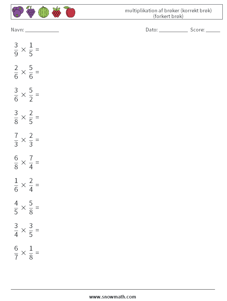 (10) multiplikation af brøker (korrekt brøk) (forkert brøk) Matematiske regneark 14