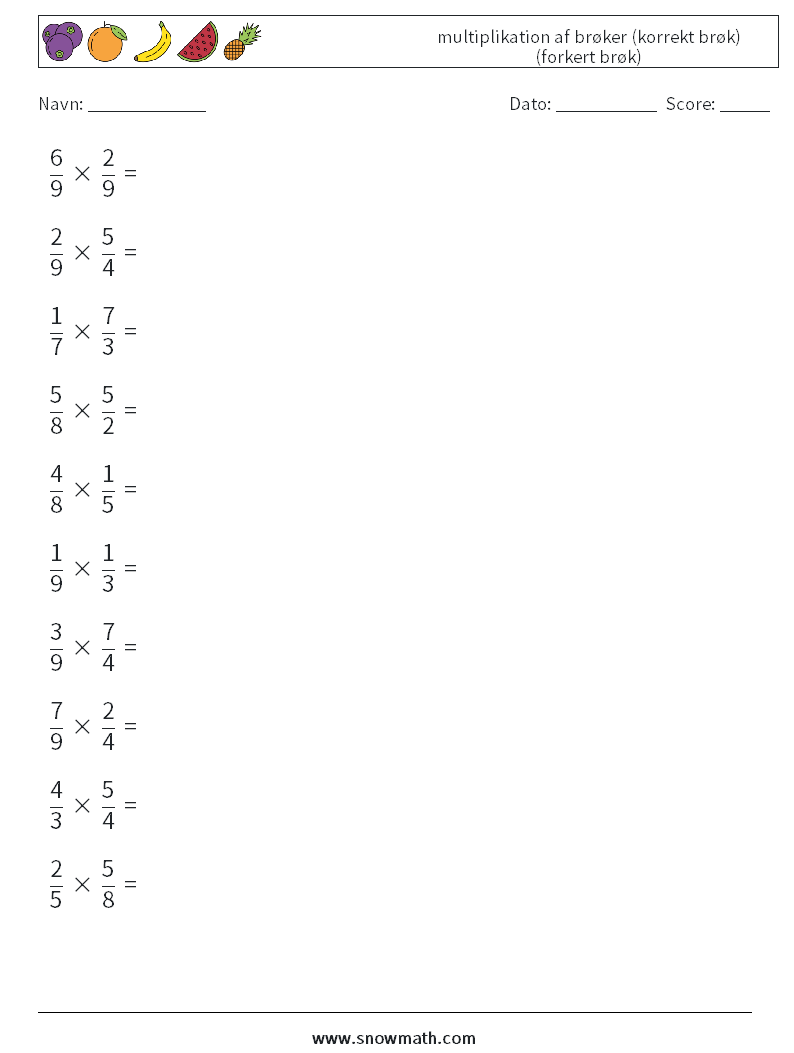 (10) multiplikation af brøker (korrekt brøk) (forkert brøk) Matematiske regneark 15