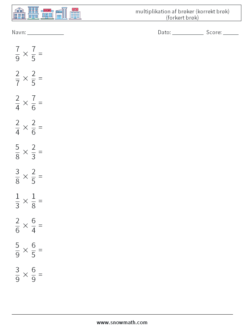 (10) multiplikation af brøker (korrekt brøk) (forkert brøk) Matematiske regneark 17