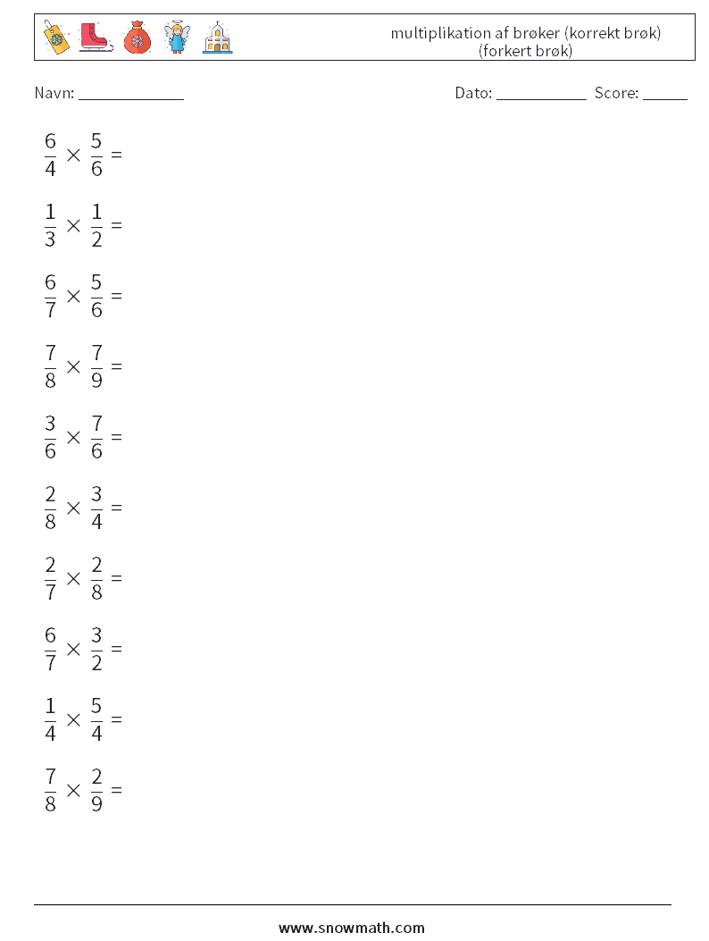 (10) multiplikation af brøker (korrekt brøk) (forkert brøk) Matematiske regneark 18