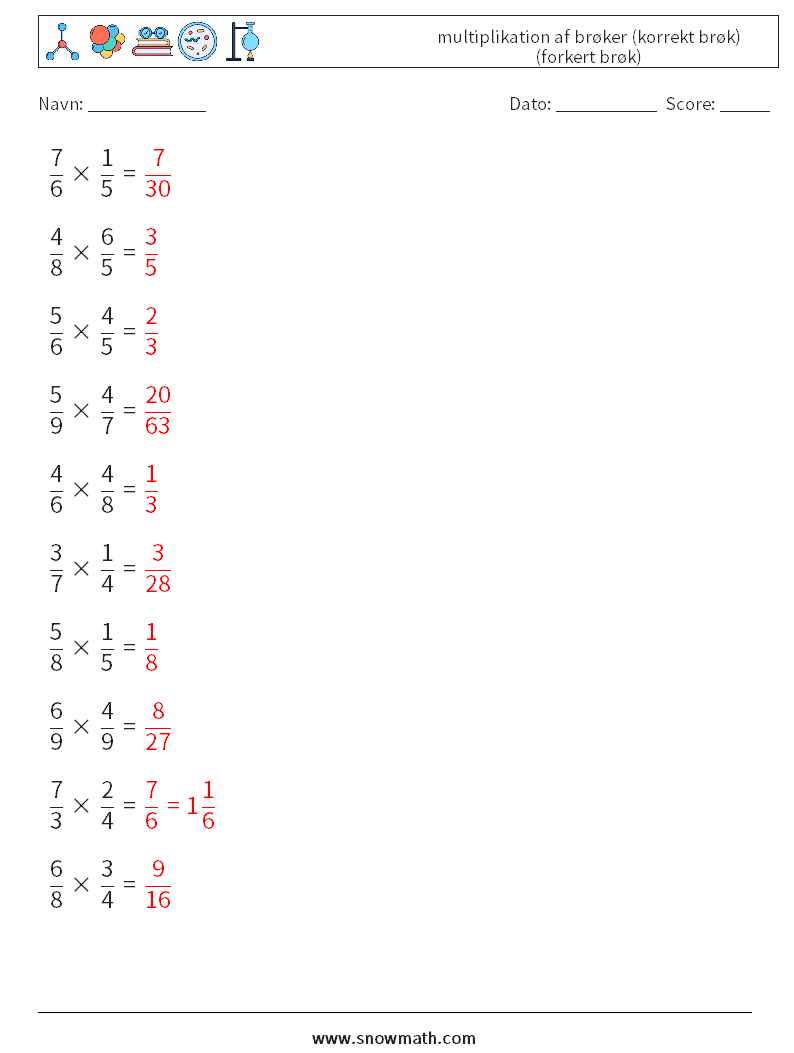 (10) multiplikation af brøker (korrekt brøk) (forkert brøk) Matematiske regneark 1 Spørgsmål, svar