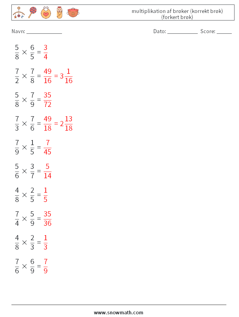 (10) multiplikation af brøker (korrekt brøk) (forkert brøk) Matematiske regneark 2 Spørgsmål, svar