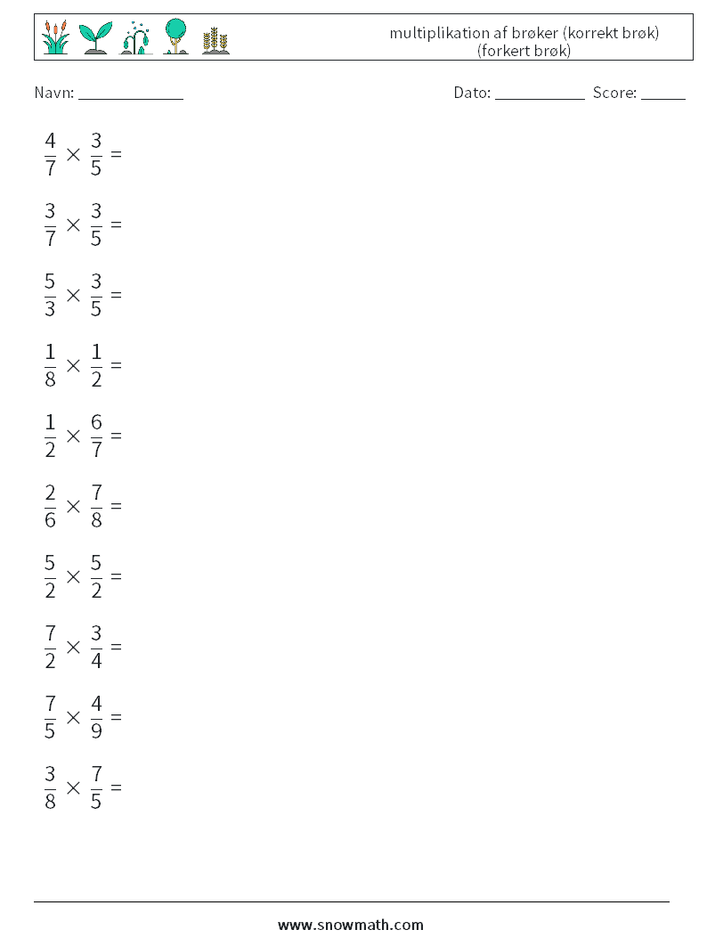 (10) multiplikation af brøker (korrekt brøk) (forkert brøk) Matematiske regneark 3