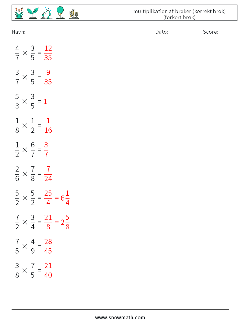 (10) multiplikation af brøker (korrekt brøk) (forkert brøk) Matematiske regneark 3 Spørgsmål, svar