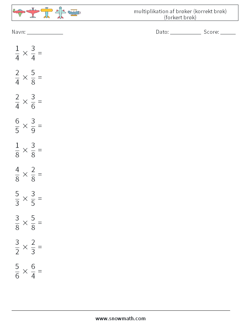 (10) multiplikation af brøker (korrekt brøk) (forkert brøk) Matematiske regneark 4