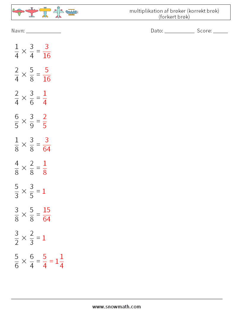 (10) multiplikation af brøker (korrekt brøk) (forkert brøk) Matematiske regneark 4 Spørgsmål, svar