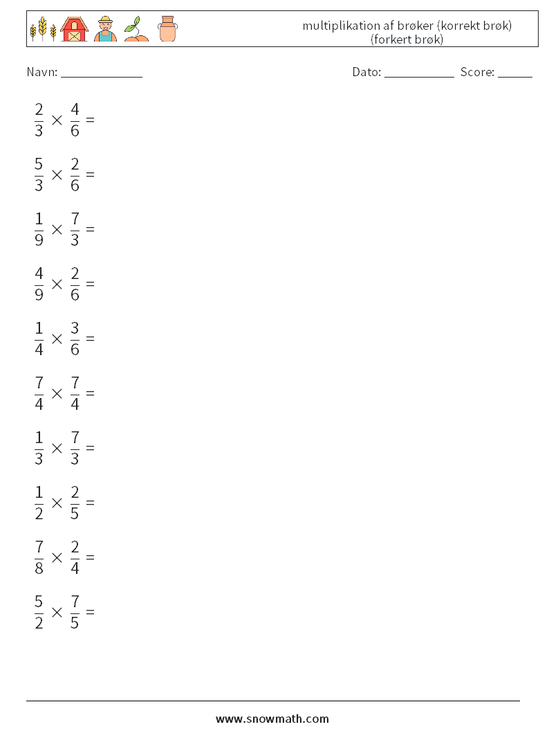 (10) multiplikation af brøker (korrekt brøk) (forkert brøk) Matematiske regneark 5