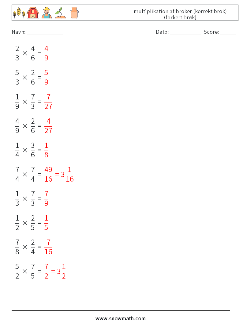 (10) multiplikation af brøker (korrekt brøk) (forkert brøk) Matematiske regneark 5 Spørgsmål, svar