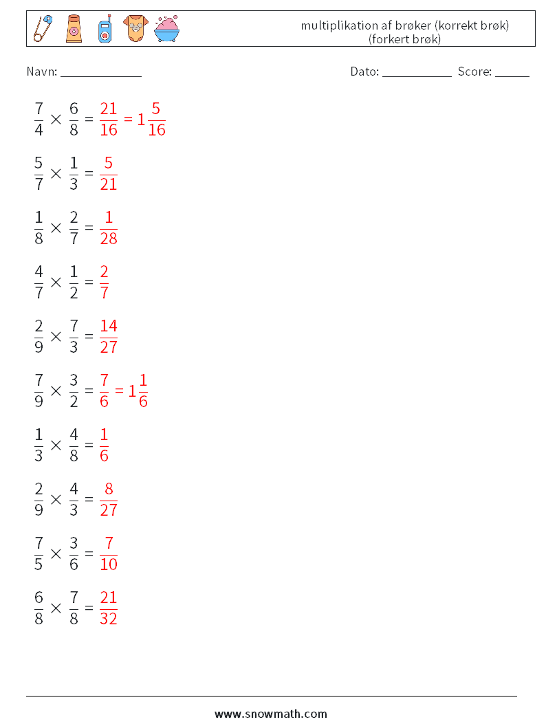 (10) multiplikation af brøker (korrekt brøk) (forkert brøk) Matematiske regneark 6 Spørgsmål, svar