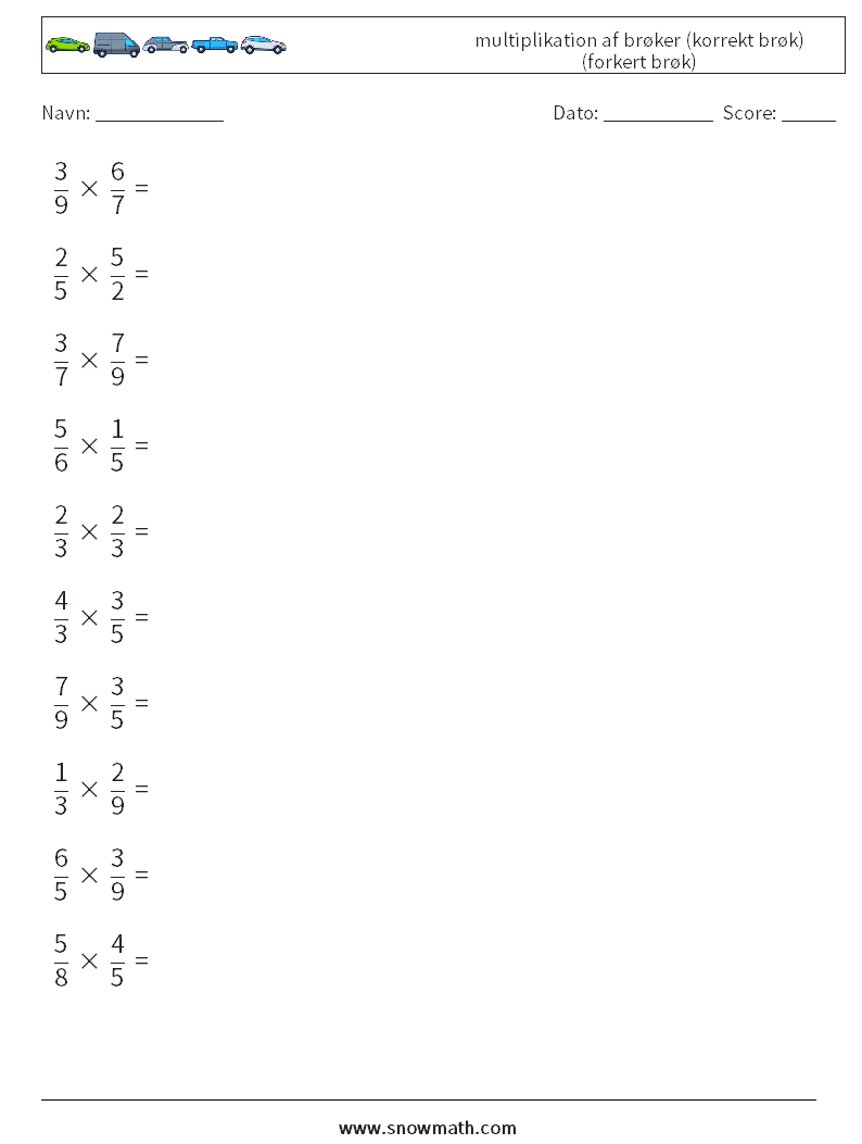 (10) multiplikation af brøker (korrekt brøk) (forkert brøk) Matematiske regneark 7