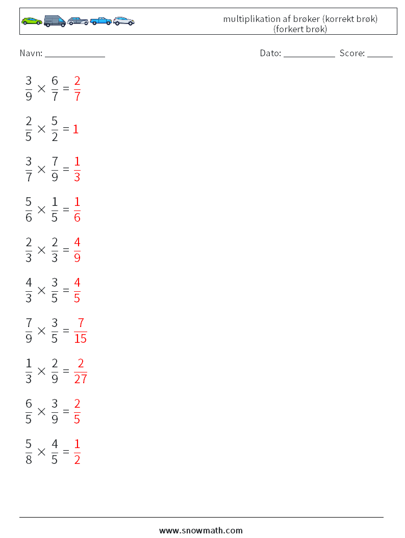 (10) multiplikation af brøker (korrekt brøk) (forkert brøk) Matematiske regneark 7 Spørgsmål, svar