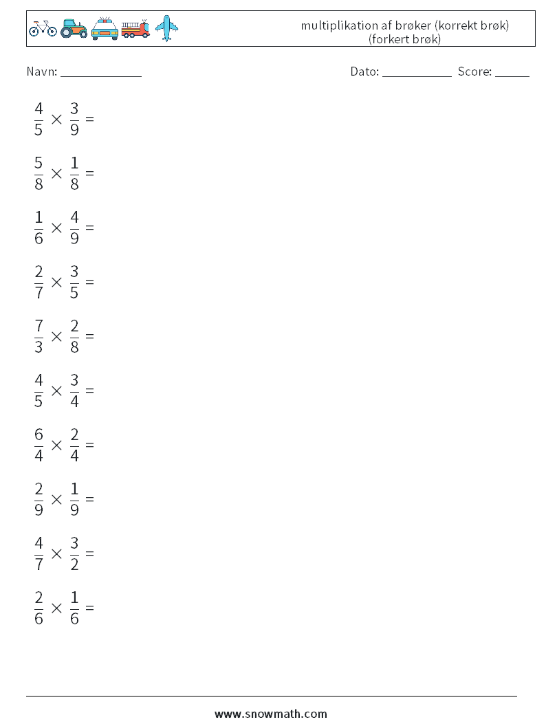 (10) multiplikation af brøker (korrekt brøk) (forkert brøk) Matematiske regneark 8