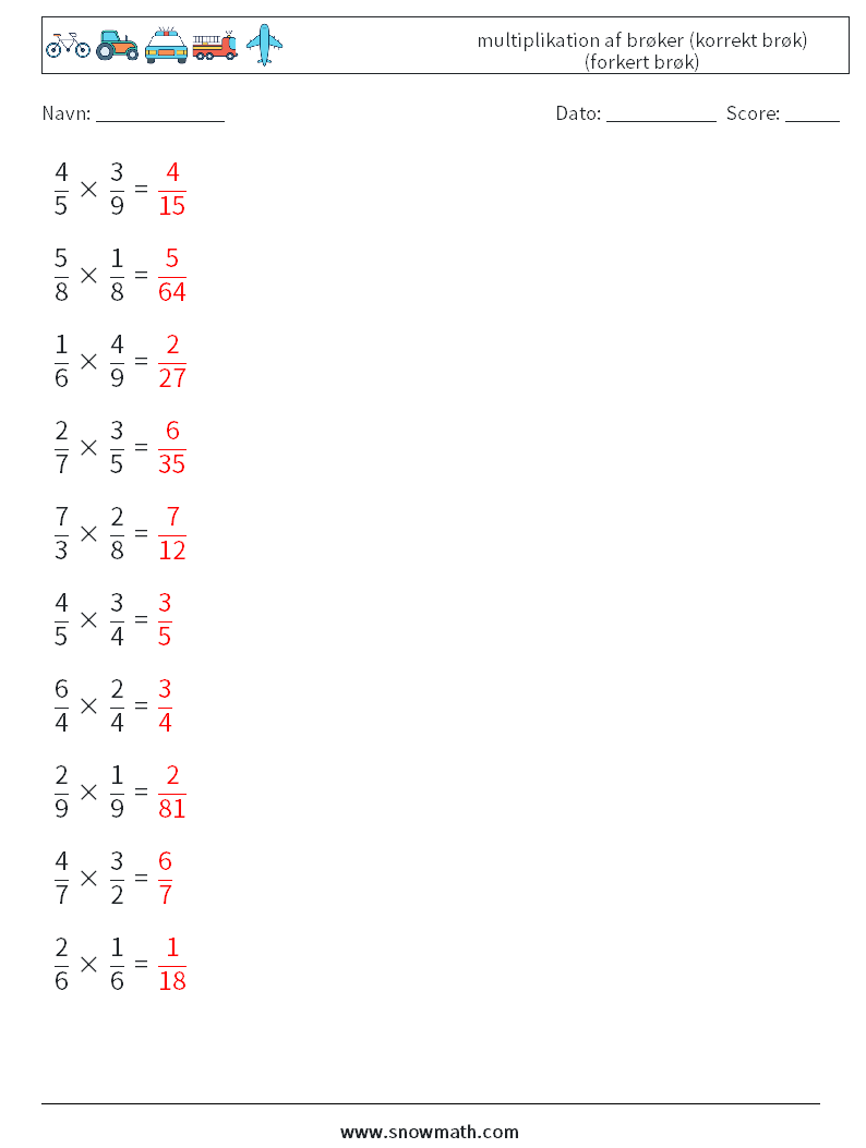 (10) multiplikation af brøker (korrekt brøk) (forkert brøk) Matematiske regneark 8 Spørgsmål, svar