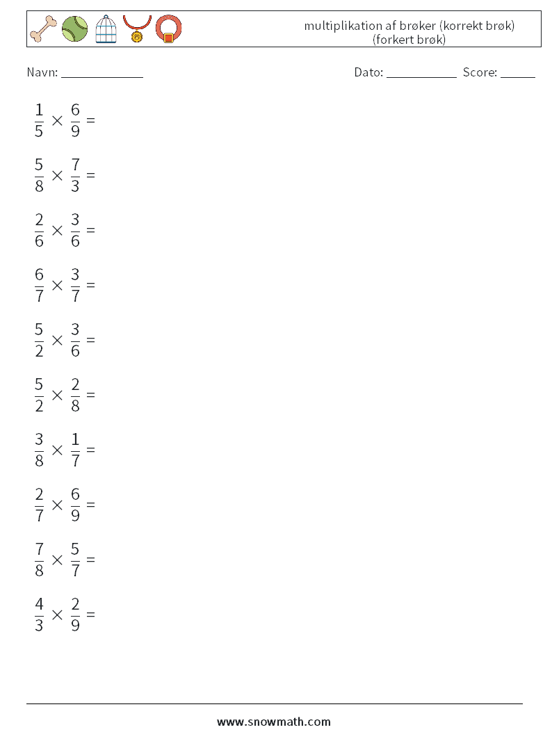 (10) multiplikation af brøker (korrekt brøk) (forkert brøk) Matematiske regneark 9