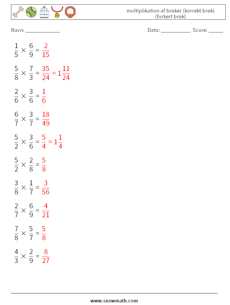 (10) multiplikation af brøker (korrekt brøk) (forkert brøk) Matematiske regneark 9 Spørgsmål, svar