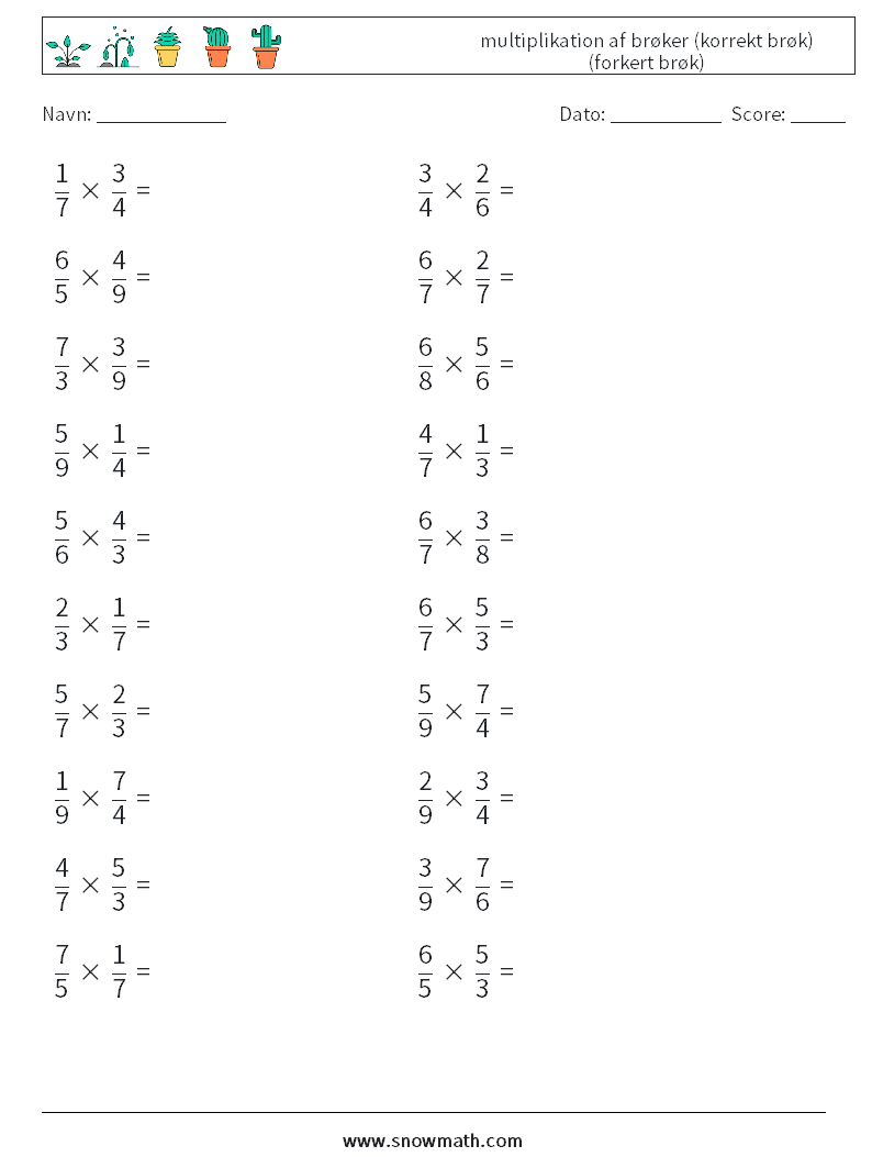 (20) multiplikation af brøker (korrekt brøk) (forkert brøk) Matematiske regneark 1