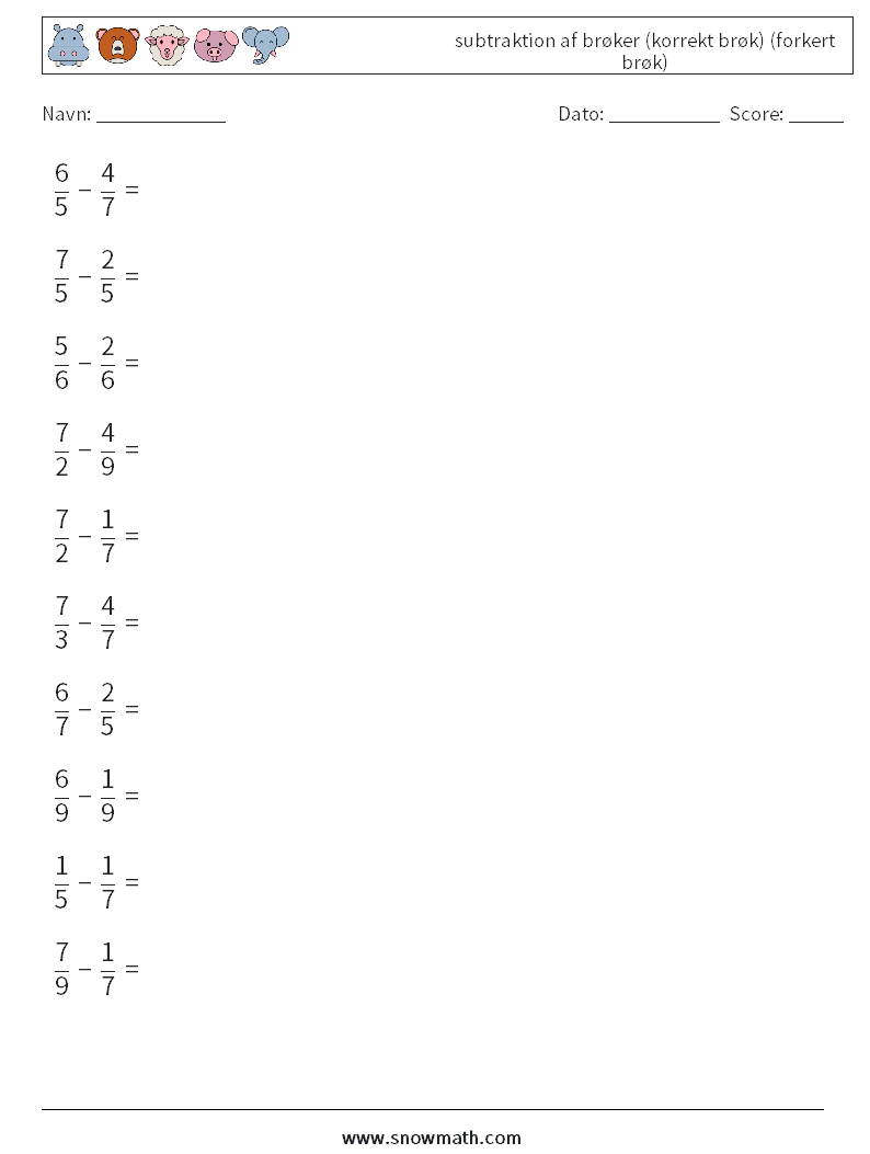 (10) subtraktion af brøker (korrekt brøk) (forkert brøk) Matematiske regneark 1