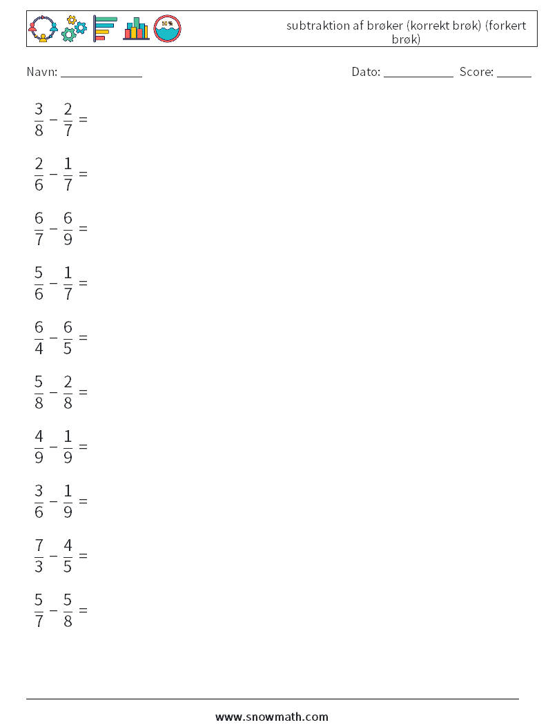 (10) subtraktion af brøker (korrekt brøk) (forkert brøk) Matematiske regneark 10
