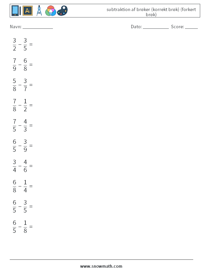 (10) subtraktion af brøker (korrekt brøk) (forkert brøk) Matematiske regneark 13