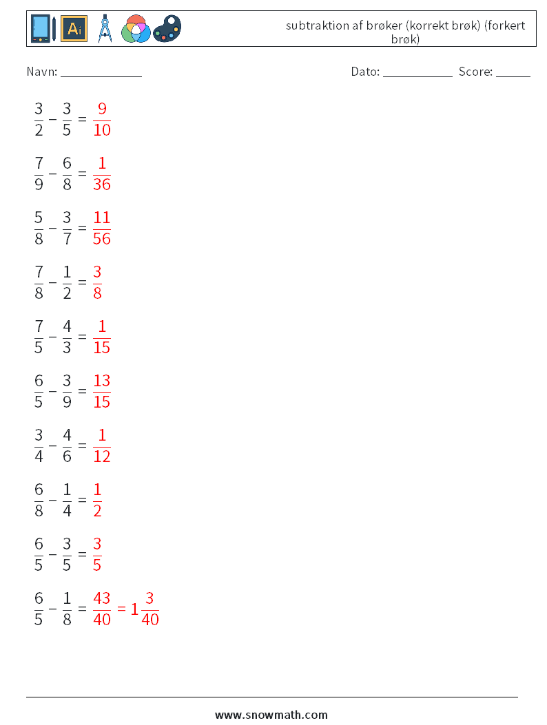 (10) subtraktion af brøker (korrekt brøk) (forkert brøk) Matematiske regneark 13 Spørgsmål, svar