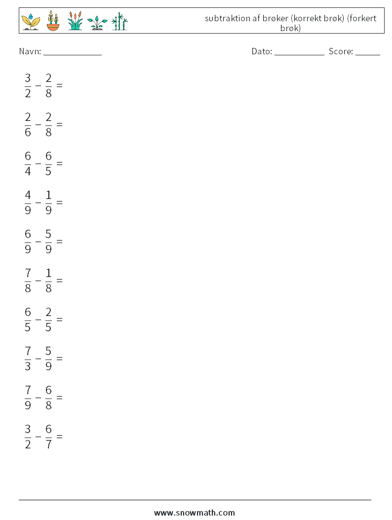 (10) subtraktion af brøker (korrekt brøk) (forkert brøk) Matematiske regneark 15