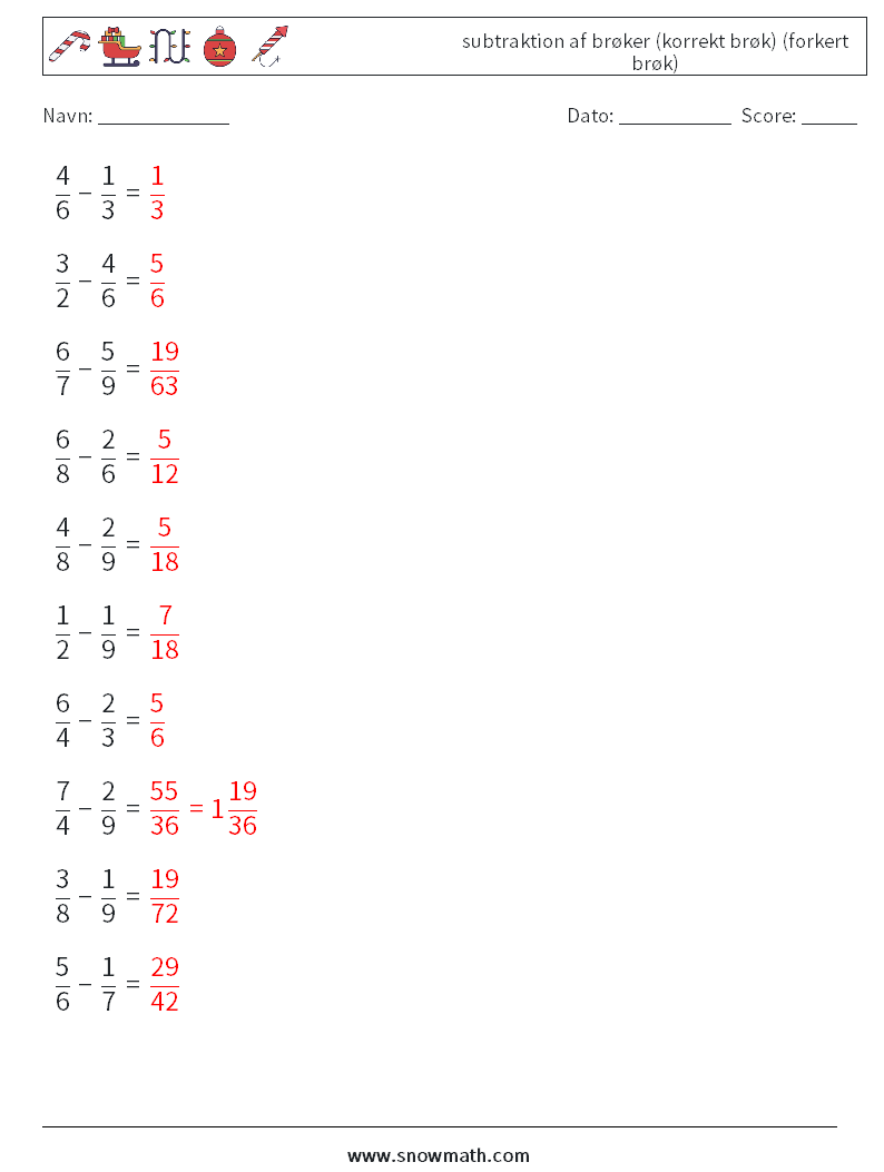 (10) subtraktion af brøker (korrekt brøk) (forkert brøk) Matematiske regneark 17 Spørgsmål, svar