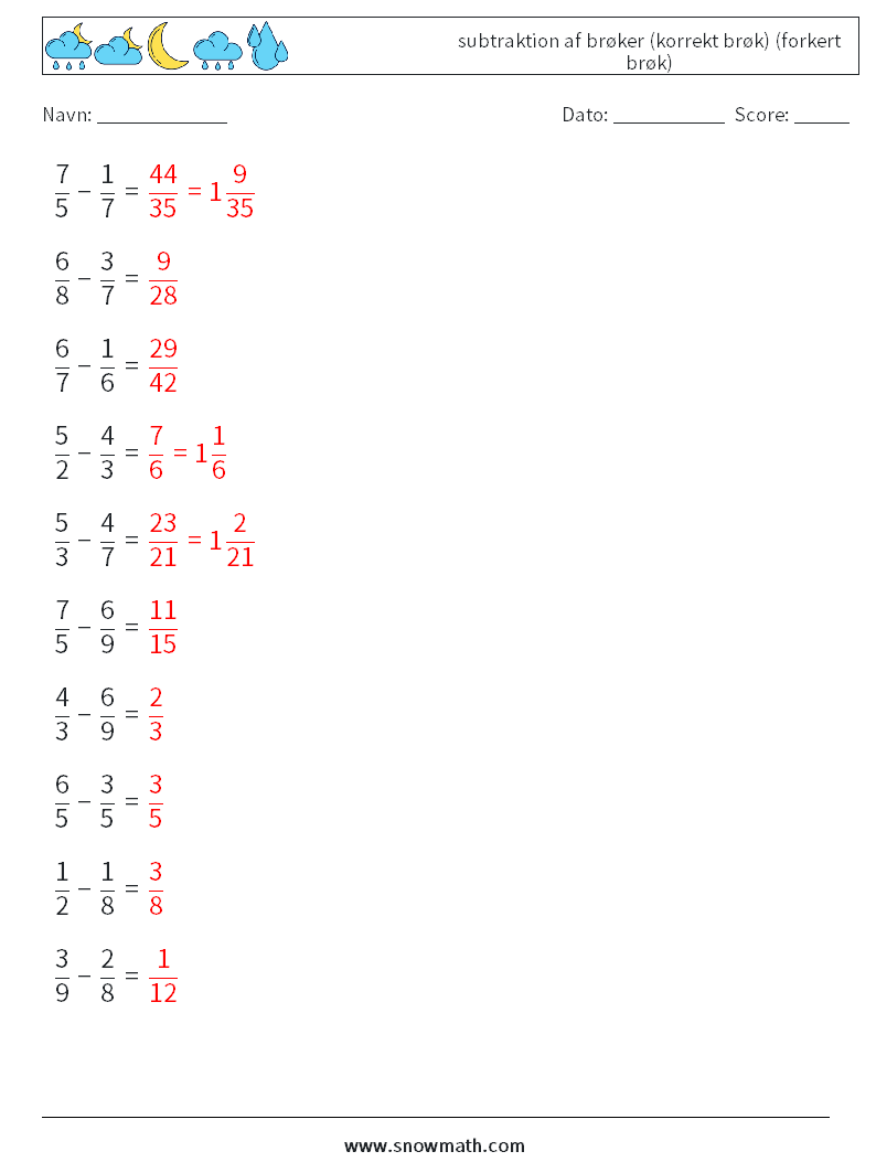 (10) subtraktion af brøker (korrekt brøk) (forkert brøk) Matematiske regneark 5 Spørgsmål, svar